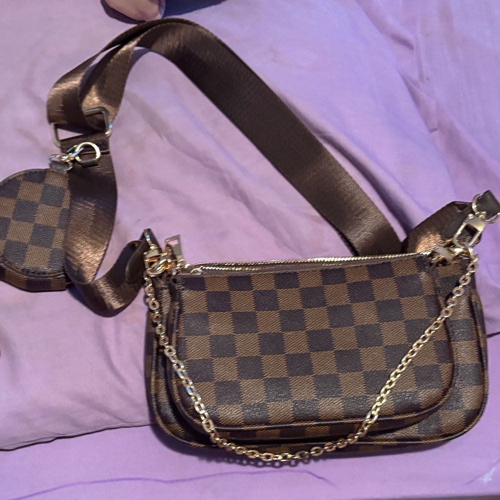 Brown Checkered Women's Bag with Chain Strap